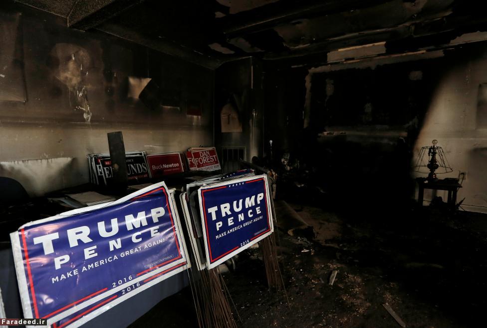 (تصاویر) به آتشکشیدن دفتر انتخاباتی ترامپ (تصاویر) به آتشکشیدن دفتر انتخاباتی ترامپ