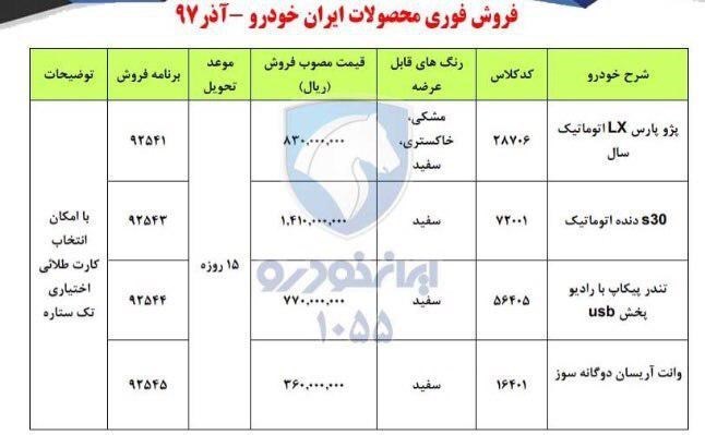 فروش فوری ۴ محصول ایران خودرو شنبه ۱۷ آذر؛ پارس اتومات ۸۳ میلیون تومان