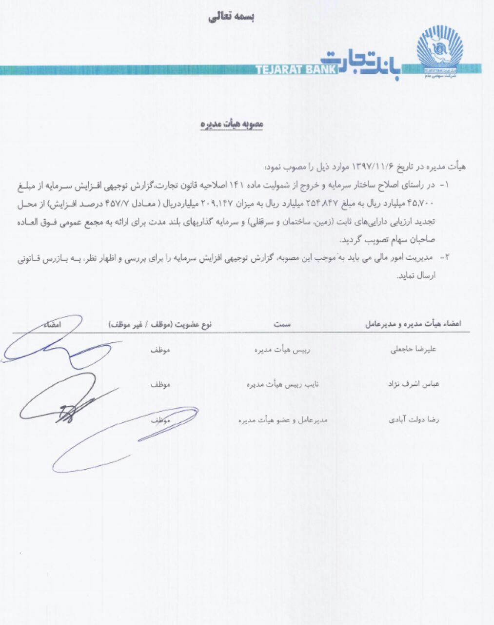 پیشنهاد افزایش سرمایه 458 درصدی بانک تجارت (وتجارت) پیشنهاد افزایش سرمایه 458 درصدی بانک تجارت (وتجارت)