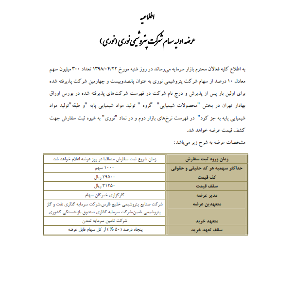 جزئیات عرضه اولیه سهام پتروشیمی نوری؛ از زمان عرضه تا نقدینگی مورد نیاز