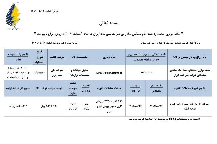 فروش اوراق سلف نفتی یک شنبه آینده ۲۶ مرداد ماه در تالار بورس انرژی آغاز خواهد شد. اوراق سلف نفتی دو ساله بوده و سر رسید قرارداد ۲۶ مرداد ۱۴۰۱ است.