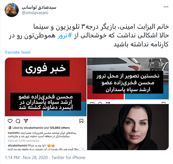 (تصاویر) کامنت توهین آمیز الیزابت امینی درباره شهید فخری‌ زاده؛ الیزابت امینی درباره ترور شهید فخری زاده چه گفت؟