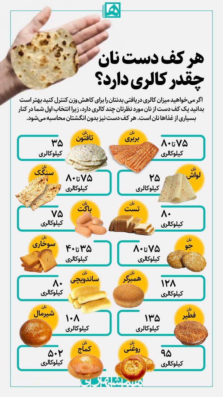 (اینفوگرافیک) هر کف دست نان چقدر کالری دارد؟ / این نان بیشترین کالری را دارد