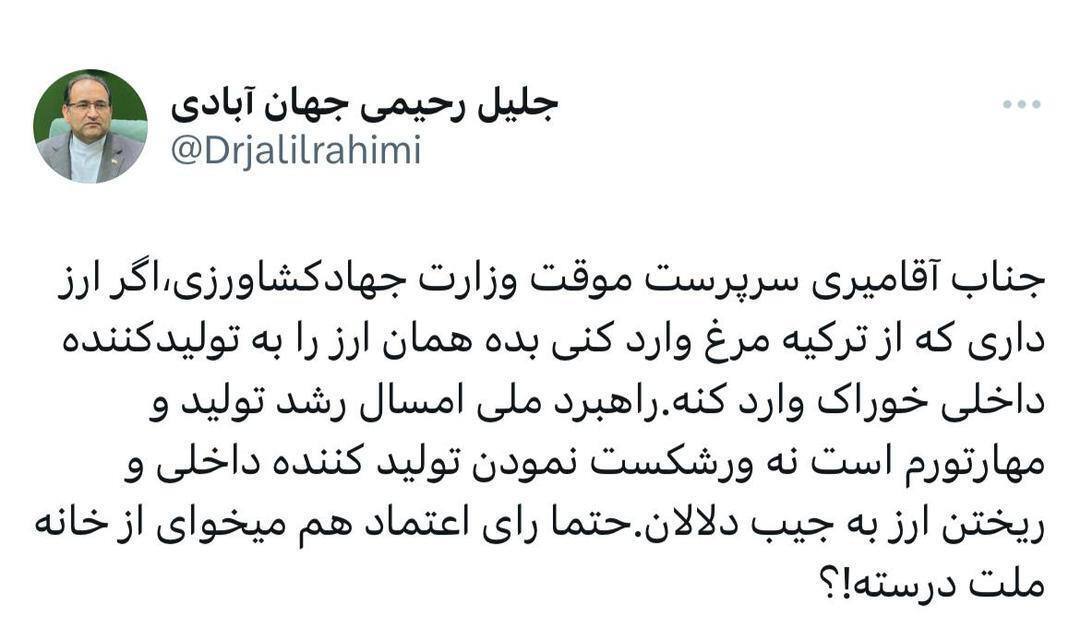 واکنش نماینده مجلس به خبر واردات مرغ از ترکیه: اگر ارز دارید بدهید به تولید کننده