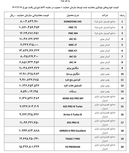 قیمت جدید خودروهای مونتاژ
