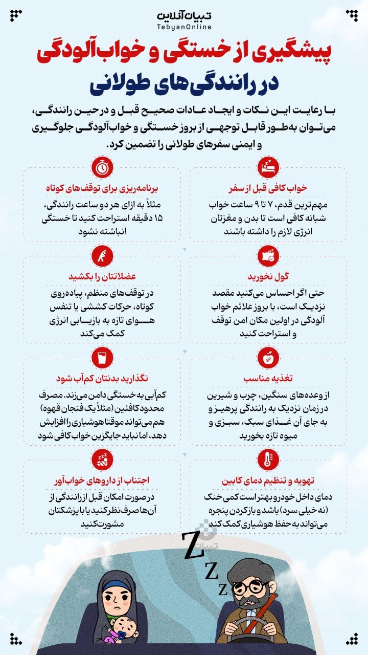 (اینفوگرافیک) پیشگیری از خستگی و خواب‌آلودگی در رانندگی‌های طولانی