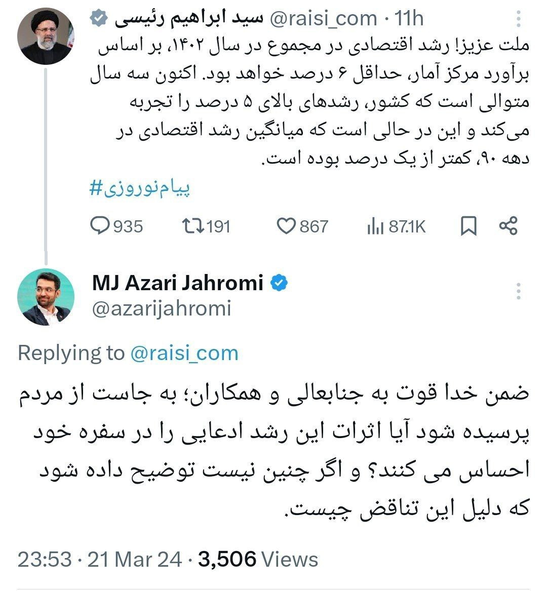 پرسش آذری جهرمی از رئیسی: آیا مردم اثرات رشد اقتصادی مورد ادعای‌تان را در سفره‌شان احساس می‌کنند؟