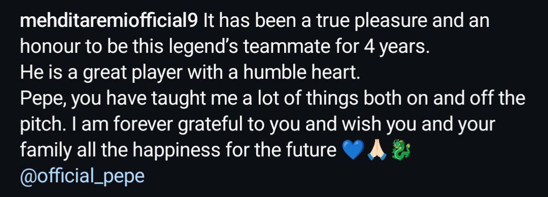 پیام مهدی طارمی برای پپه؛ بازی در کنار تو یک افتخار بود