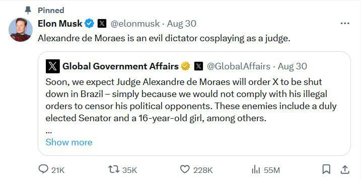 ایلان ماسک: الکساندر دی مورائس (قاضی دادگاه عالی برزیل) یک دیکتاتور شرور است که نقش قاضی را بازی می‌کند