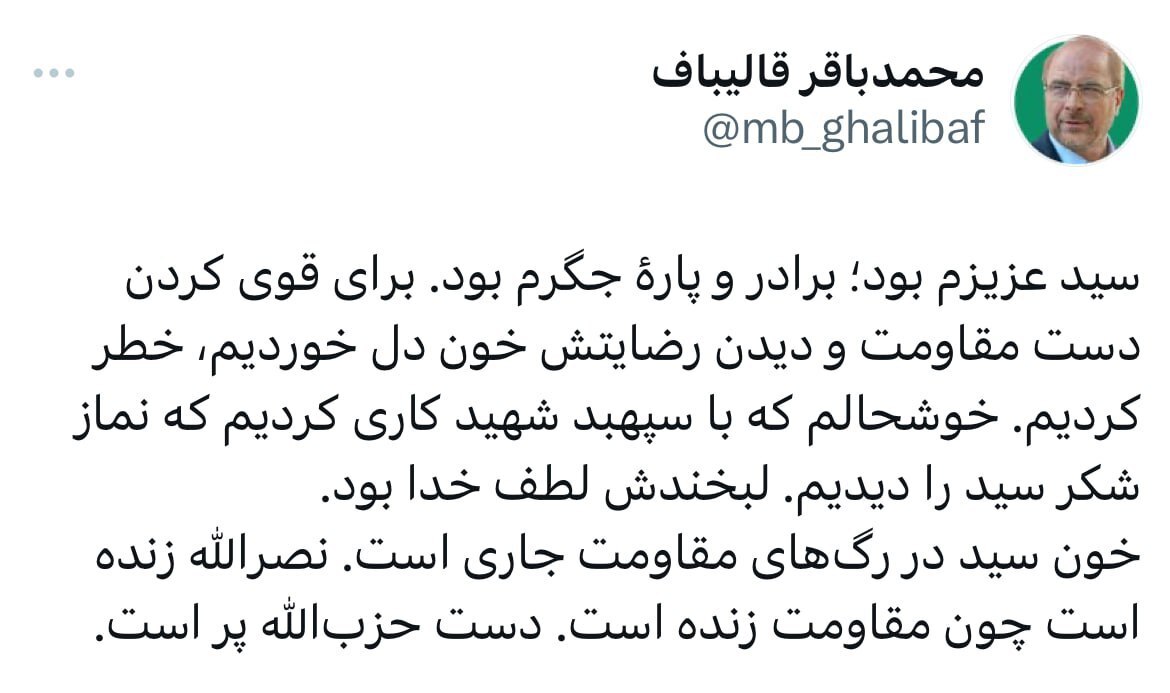 دلنوشته قالیباف برای نصرالله؛ سید، برادر و پاره جگرم بود