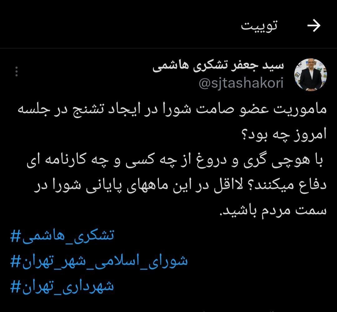 واکنش تشکری هاشمی به ایجاد تشنج در صحن شورای شهر توسط یکی از اعضا: لااقل در ماه‌های پایانی شورا سمت مردم باشید