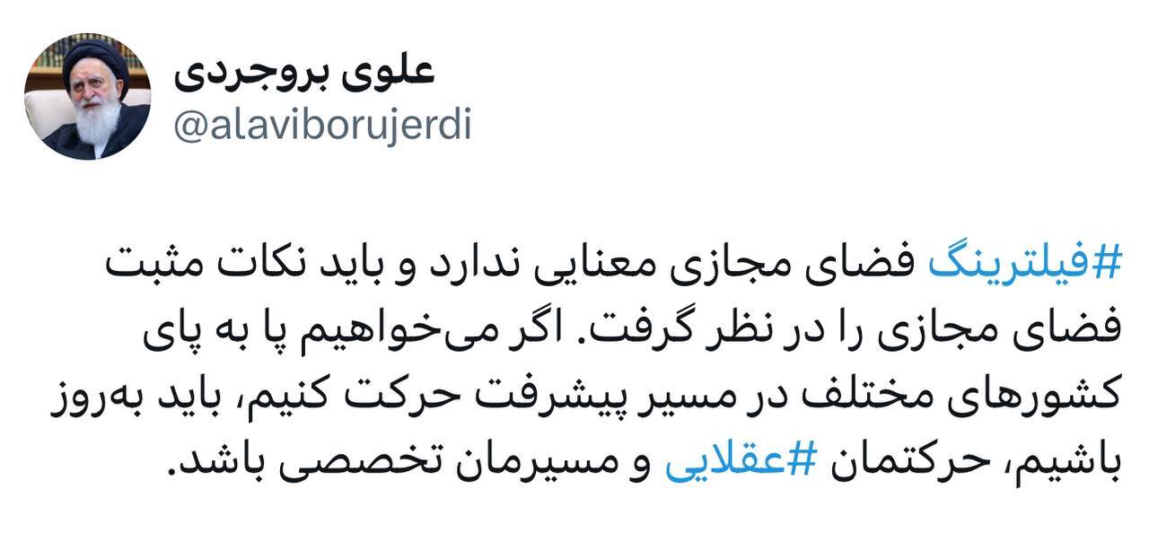 فیلترینگ فضای مجازی معنا ندارد!/ توئیت جدید آیت‌الله علوی بروجردی
