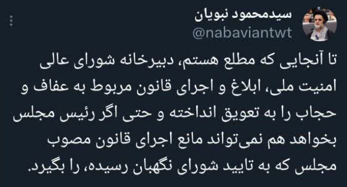 پاسخ نبویان نماینده مجلس به اعتراض همتای خودش حمید رسایی: دبیرخانه شورای امنیت، ابلاغ قانون حجاب را به تعویق انداخته است