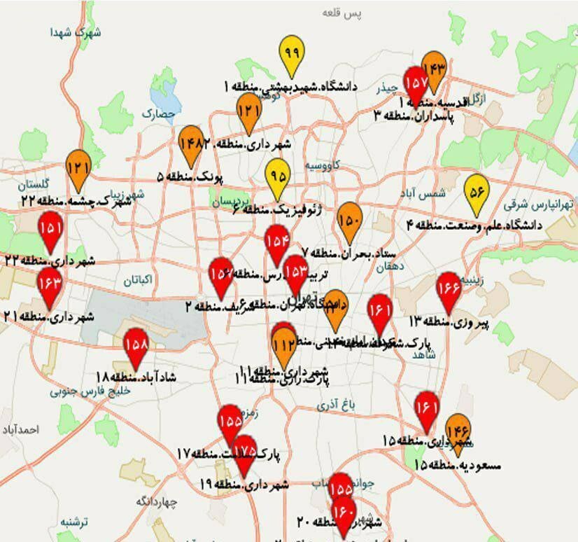 ۱۵ نقطه تهران در وضعیت قرمز